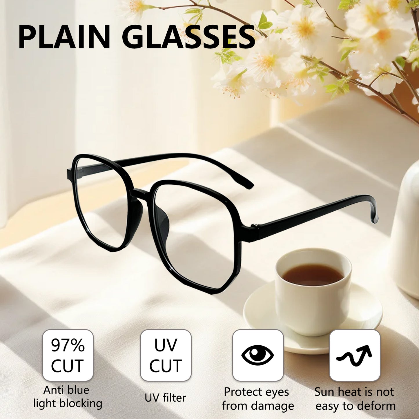 Stylish Black Plain Glasses - Advanced Eye Protection and Comfort